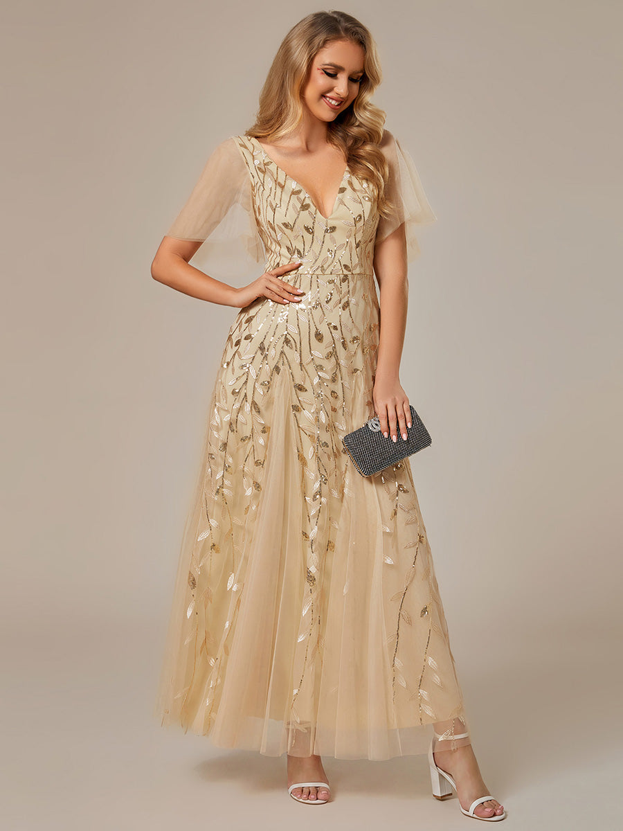 Shimmery V Neck Ruffle Sleeves Sequin Maxi Long Evening Dress #color_Gold