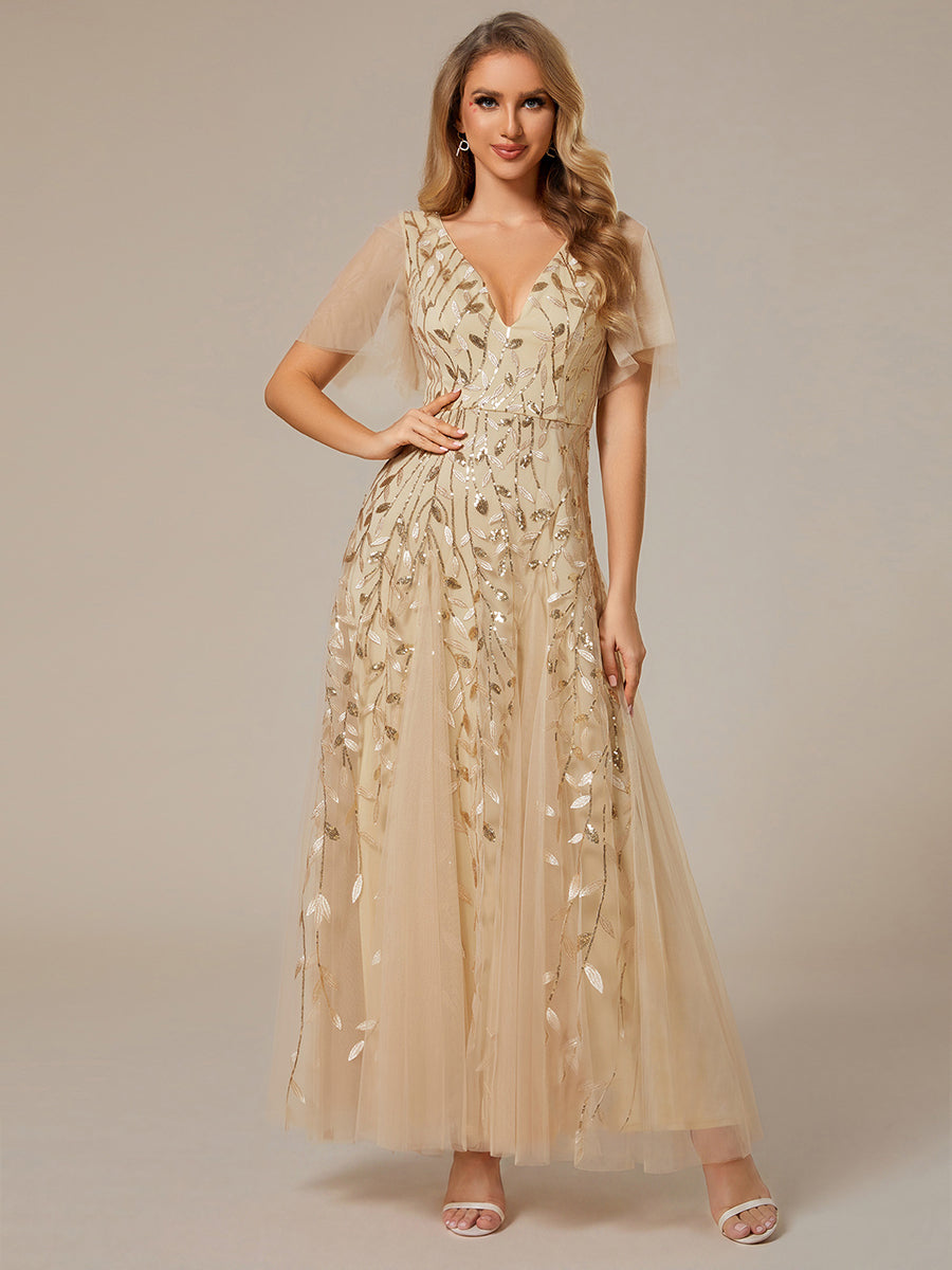 Shimmery V Neck Ruffle Sleeves Sequin Maxi Long Evening Dress #color_Gold
