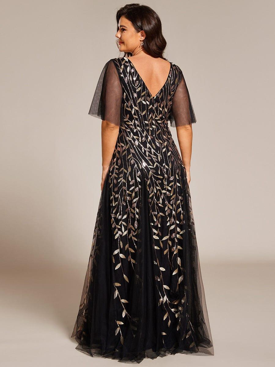 Elegant Ruffle Sleeves Maxi Sequin Mother of the Bride Dress #color_Black & Gold