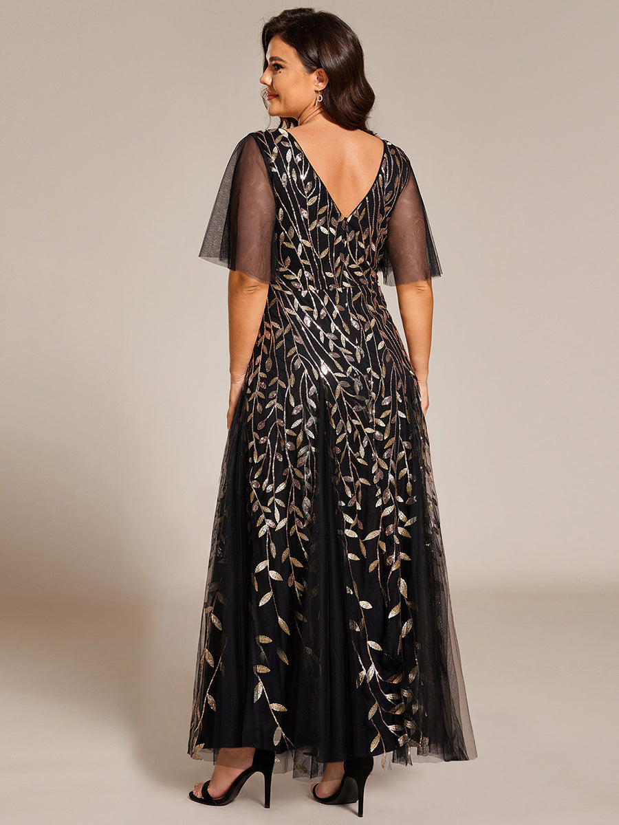 Shimmery V Neck Ruffle Sleeves Sequin Maxi Long Evening Dress #color_Black & Gold