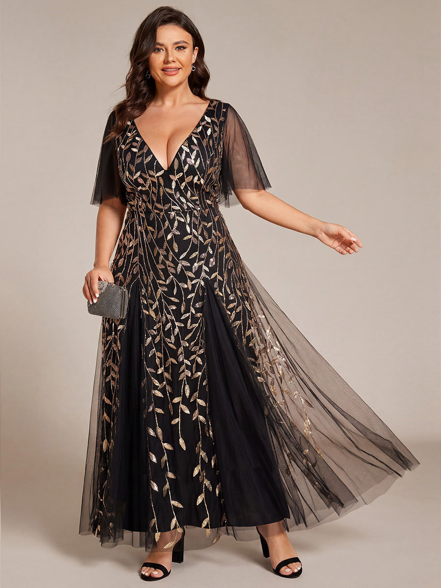 Shimmery V Neck Ruffle Sleeves Sequin Maxi Long Evening Dress #color_Black & Gold
