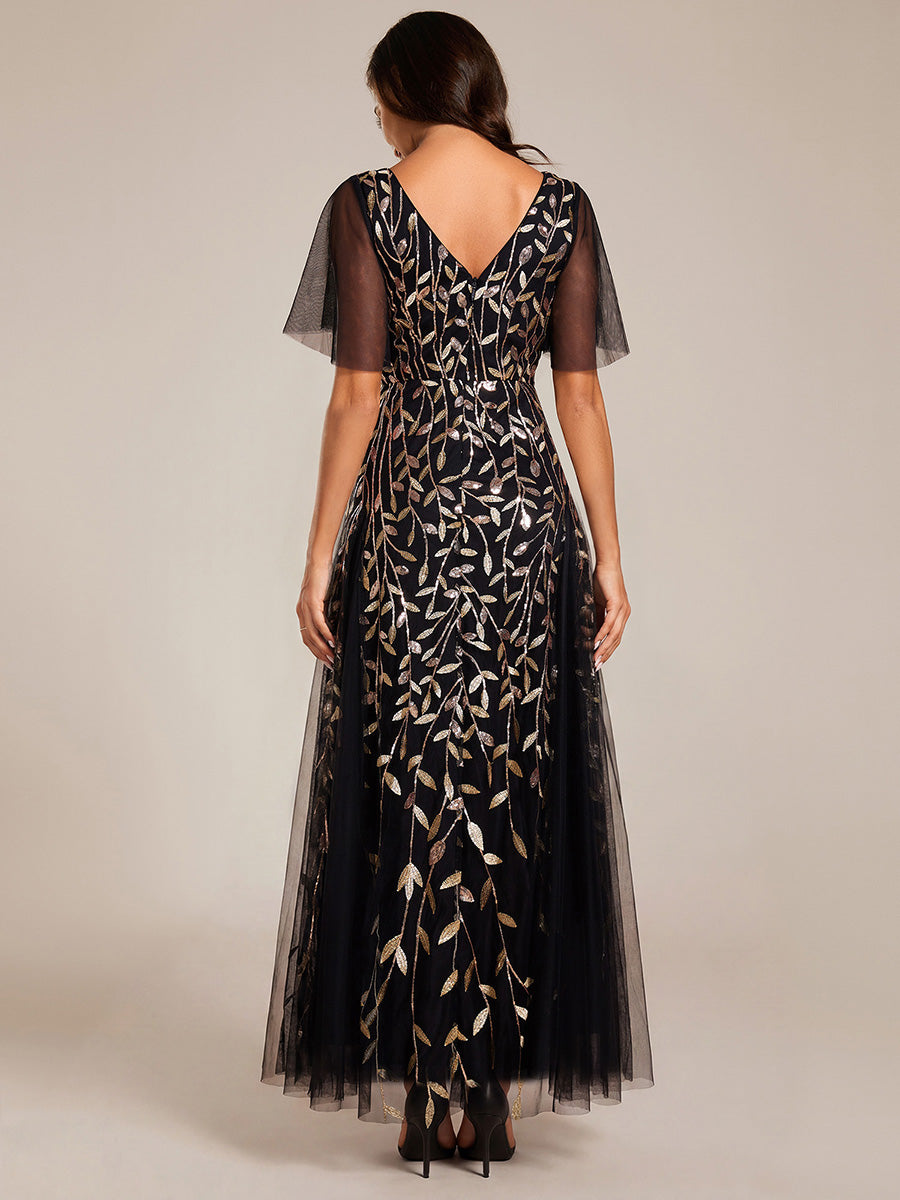Shimmery V Neck Ruffle Sleeves Sequin Maxi Long Evening Dress #color_Black & Gold