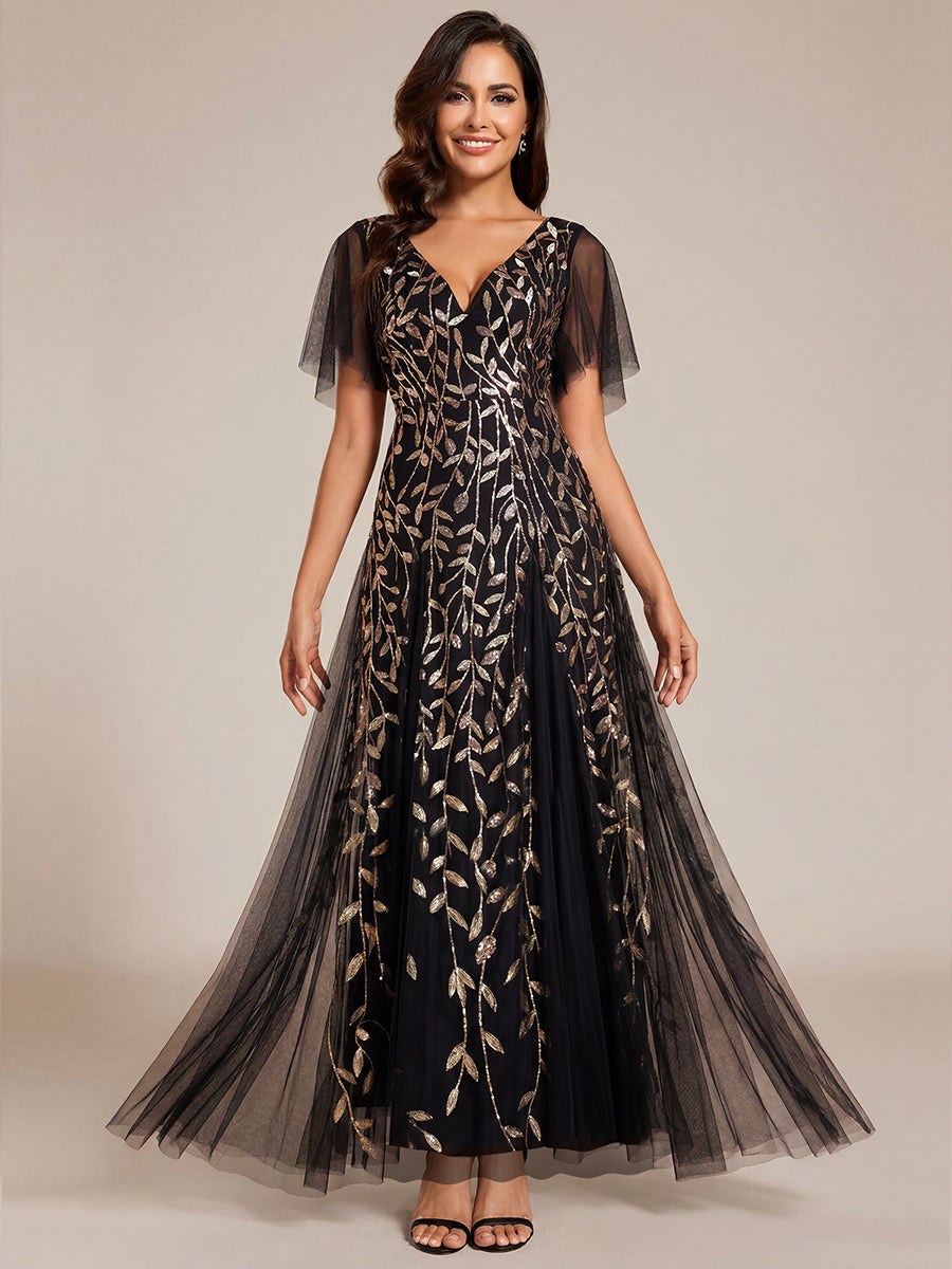 Shimmery V Neck Ruffle Sleeves Sequin Maxi Long Evening Dress #color_Black & Gold
