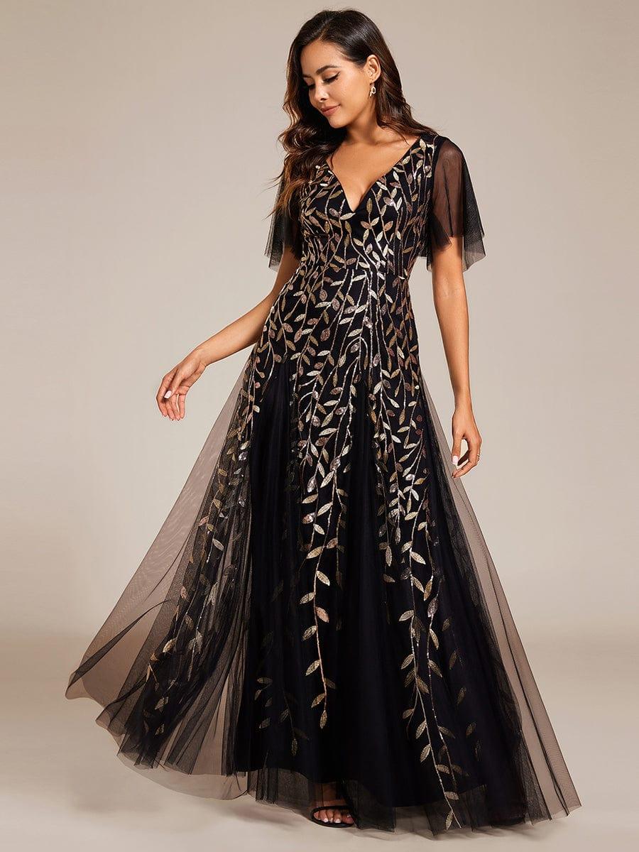 Elegant Ruffle Sleeves Maxi Sequin Mother of the Bride Dress #color_Black & Gold