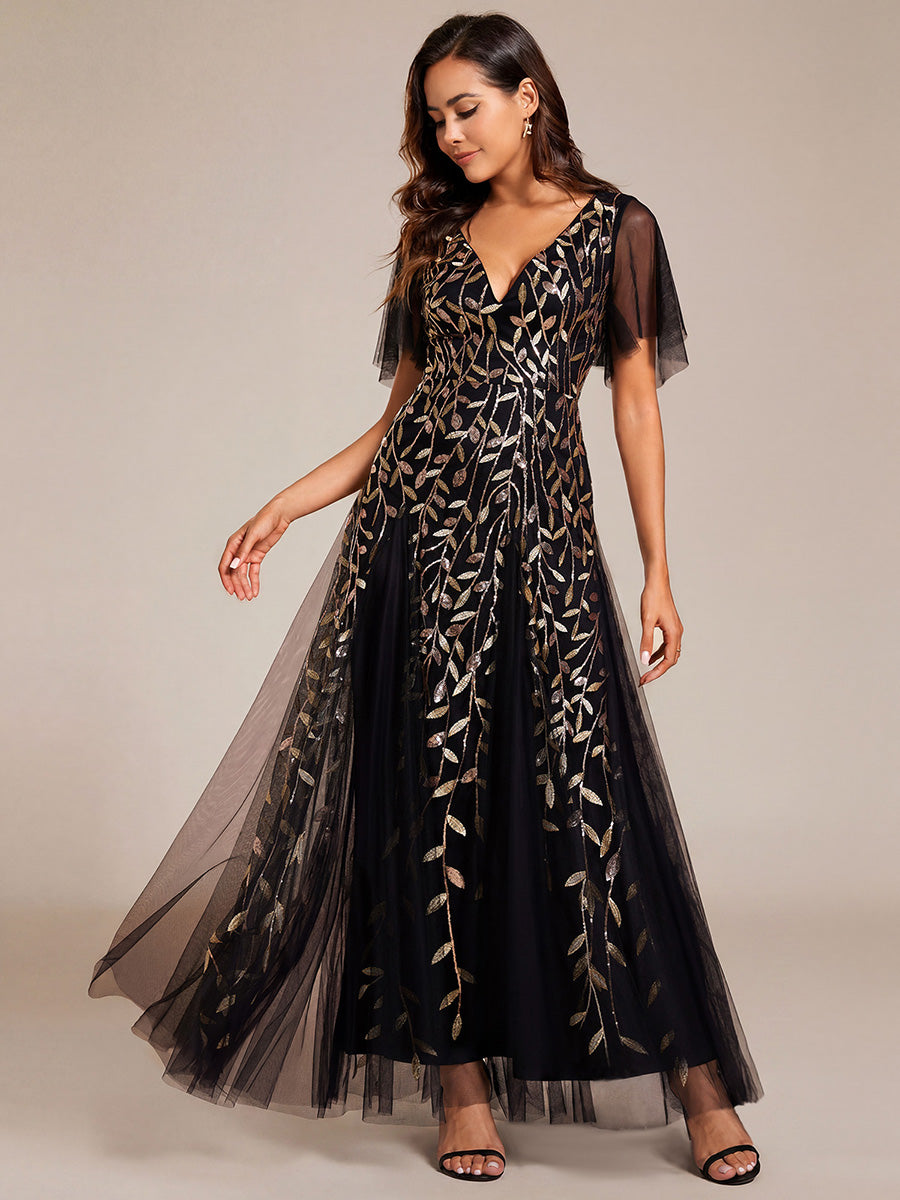 Elegant Ruffle Sleeves Maxi Sequin Mother of the Bride Dress #color_Black & Gold