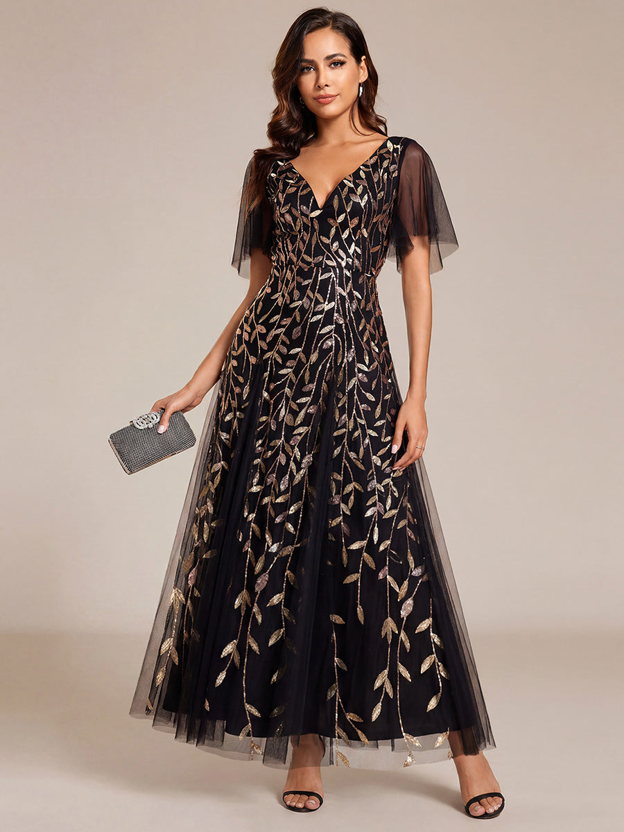 Shimmery V Neck Ruffle Sleeves Sequin Maxi Long Evening Dress #color_Black & Gold