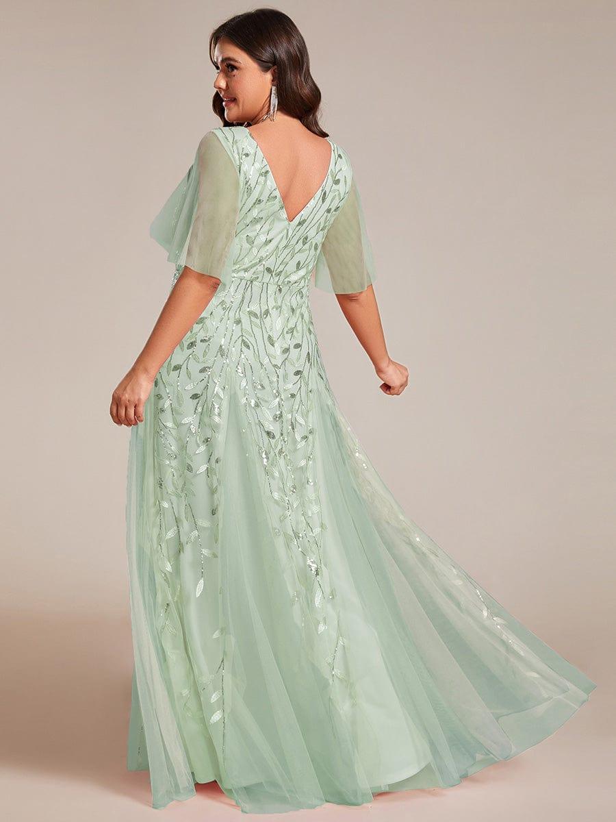 Elegant Ruffle Sleeves Maxi Sequin Mother of the Bride Dress #color_Mint Green