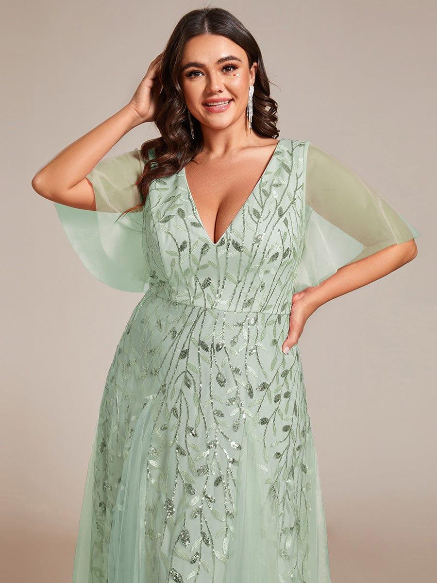 Elegant Ruffle Sleeves Maxi Sequin Mother of the Bride Dress #color_Mint Green