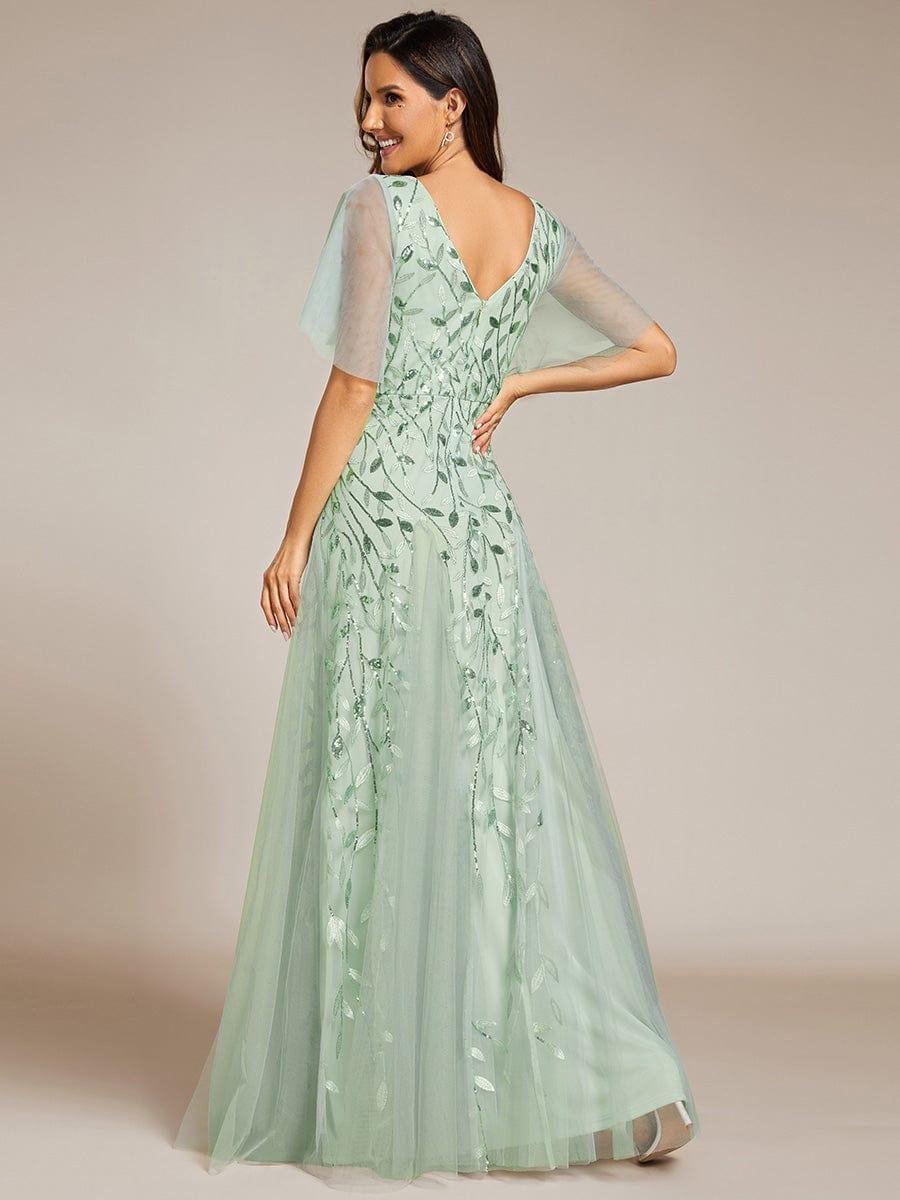 Elegant Ruffle Sleeves Maxi Sequin Mother of the Bride Dress #color_Mint Green