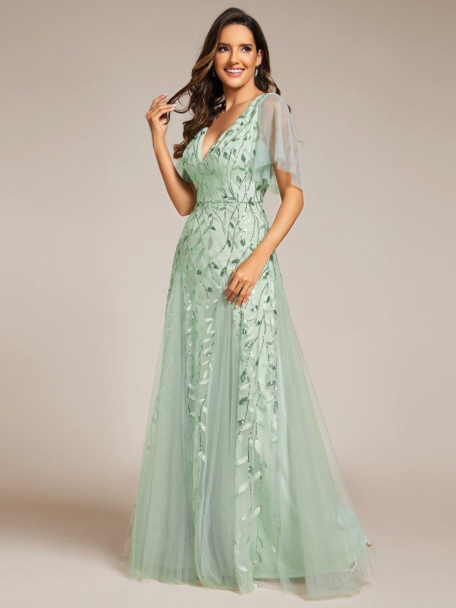 Elegant Ruffle Sleeves Maxi Sequin Mother of the Bride Dress #color_Mint Green