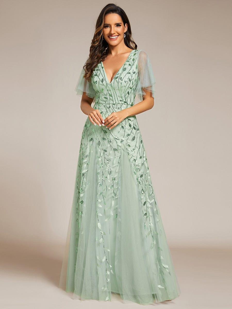 Elegant Ruffle Sleeves Maxi Sequin Mother of the Bride Dress #color_Mint Green