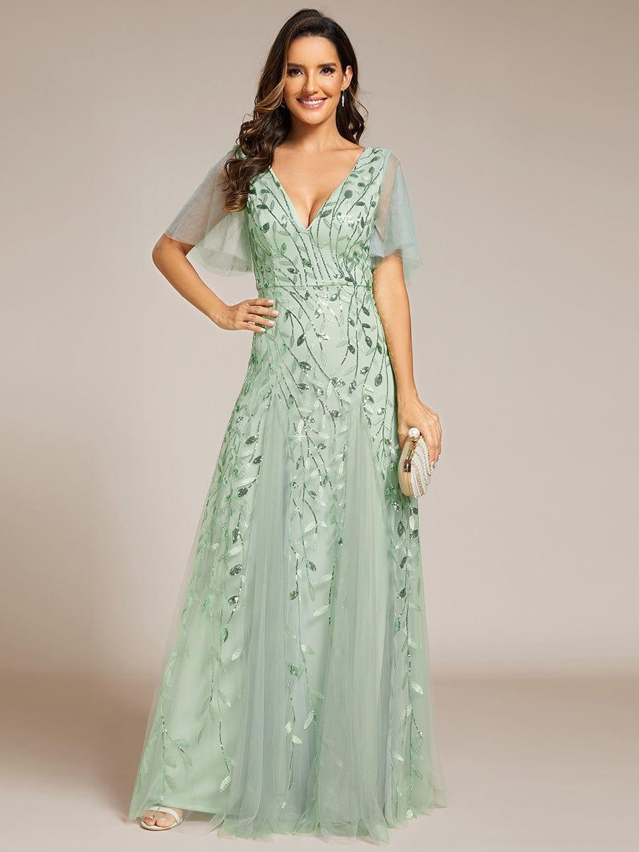 Elegant Ruffle Sleeves Maxi Sequin Mother of the Bride Dress #color_Mint Green