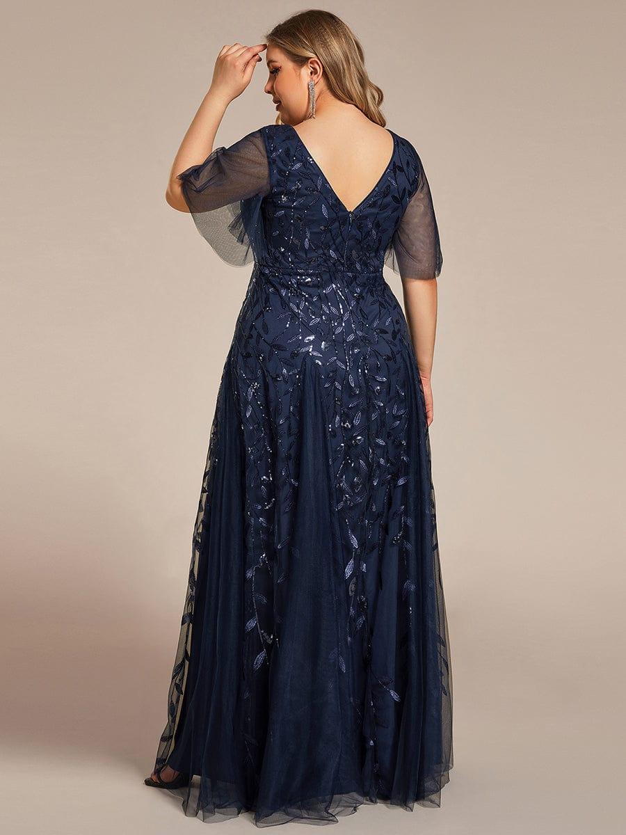 Elegant Ruffle Sleeves Maxi Sequin Mother of the Bride Dress #color_Navy Blue