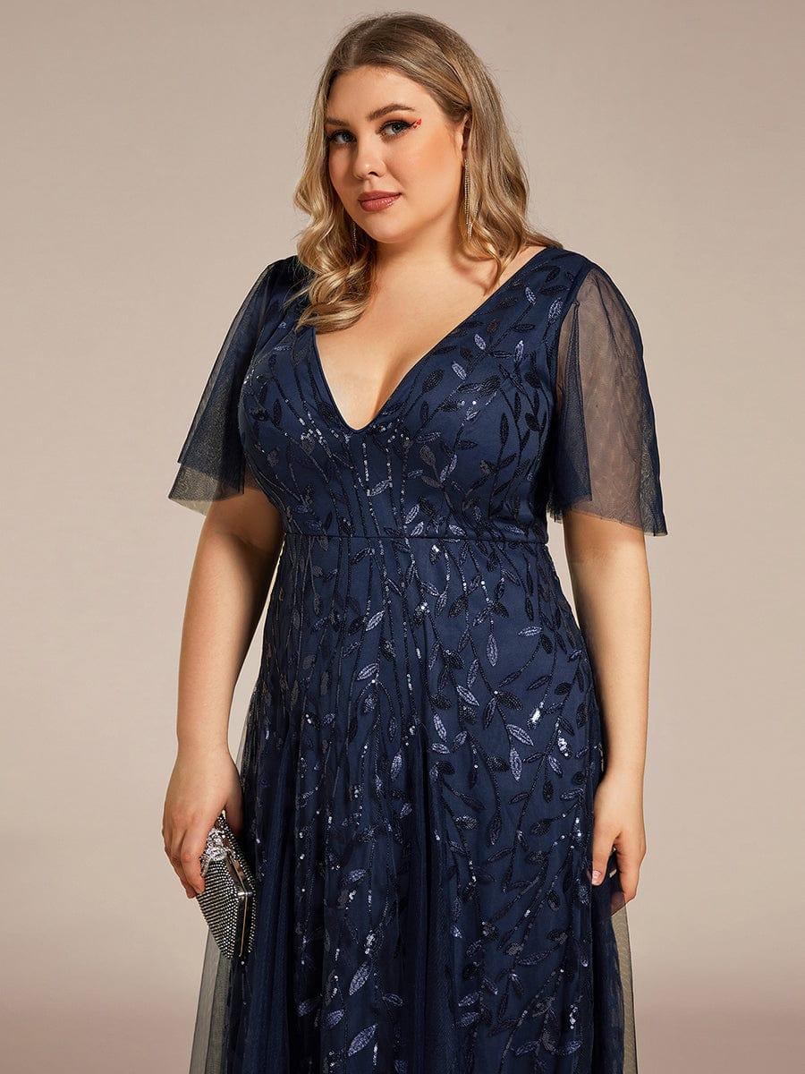 Elegant Ruffle Sleeves Maxi Sequin Mother of the Bride Dress #color_Navy Blue