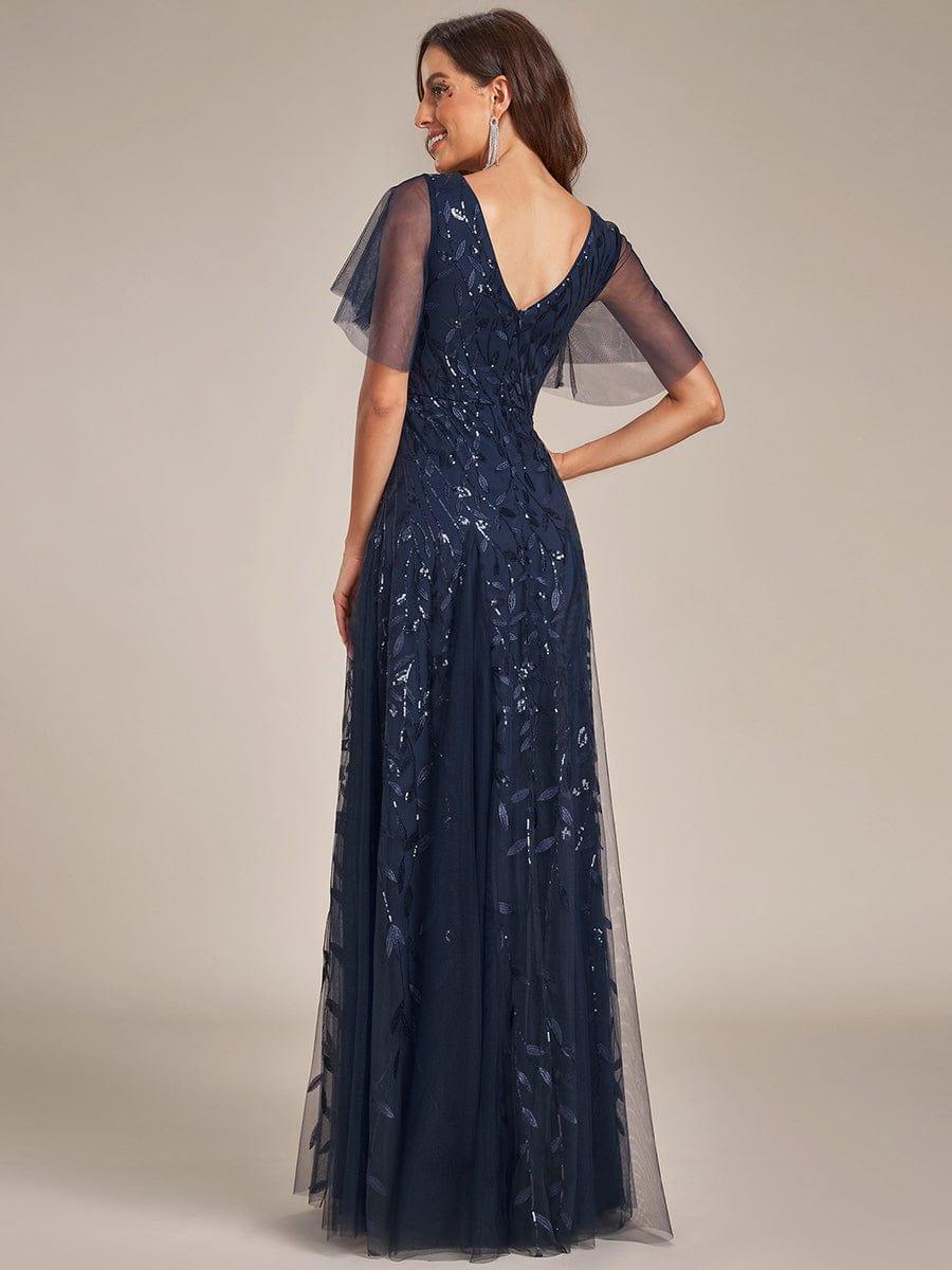 Elegant Ruffle Sleeves Maxi Sequin Mother of the Bride Dress #color_Navy Blue