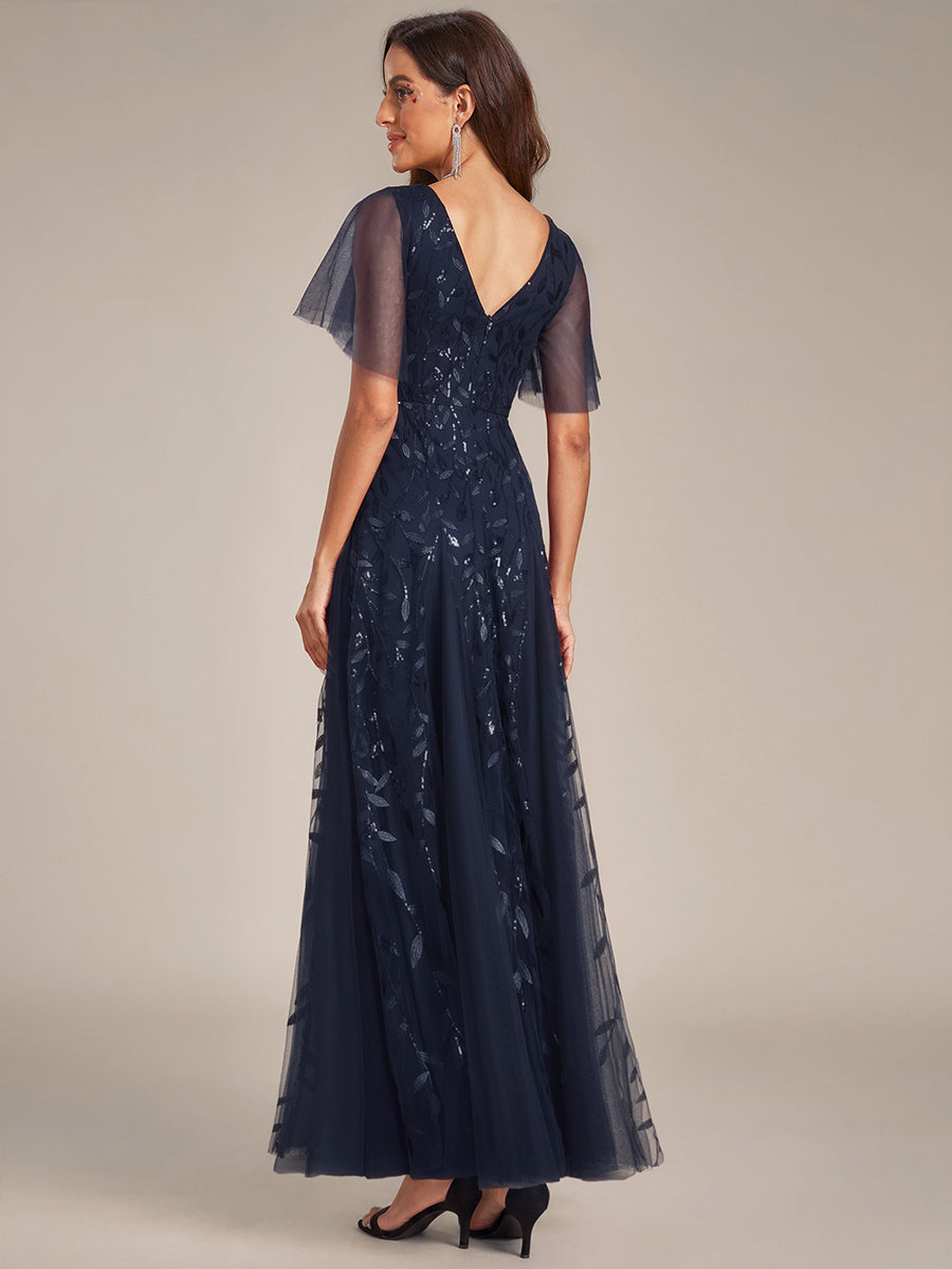 Elegant Ruffle Sleeves Maxi Sequin Mother of the Bride Dress #color_Navy Blue