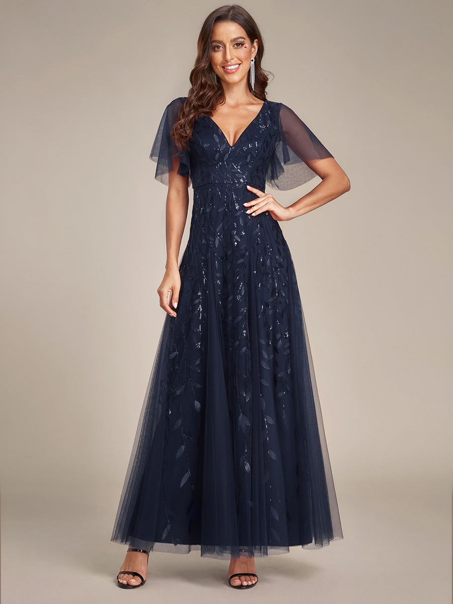Elegant Ruffle Sleeves Maxi Sequin Mother of the Bride Dress #color_Navy Blue