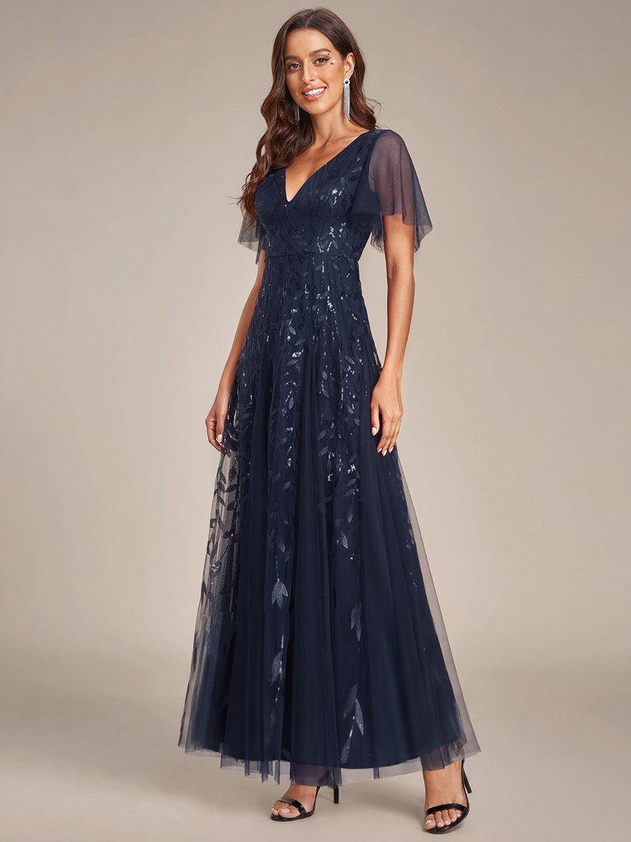 Elegant Ruffle Sleeves Maxi Sequin Mother of the Bride Dress #color_Navy Blue
