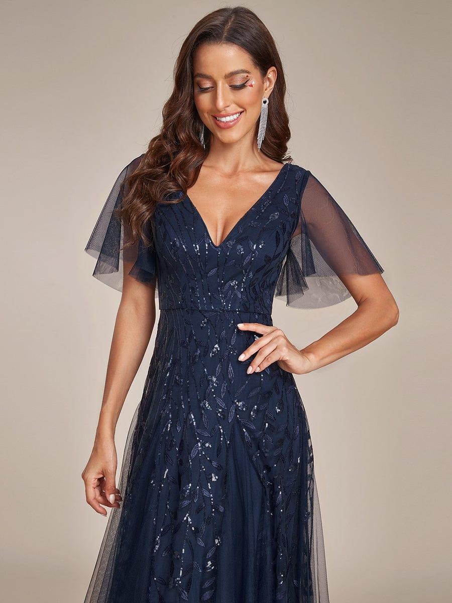 Elegant Ruffle Sleeves Maxi Sequin Mother of the Bride Dress #color_Navy Blue