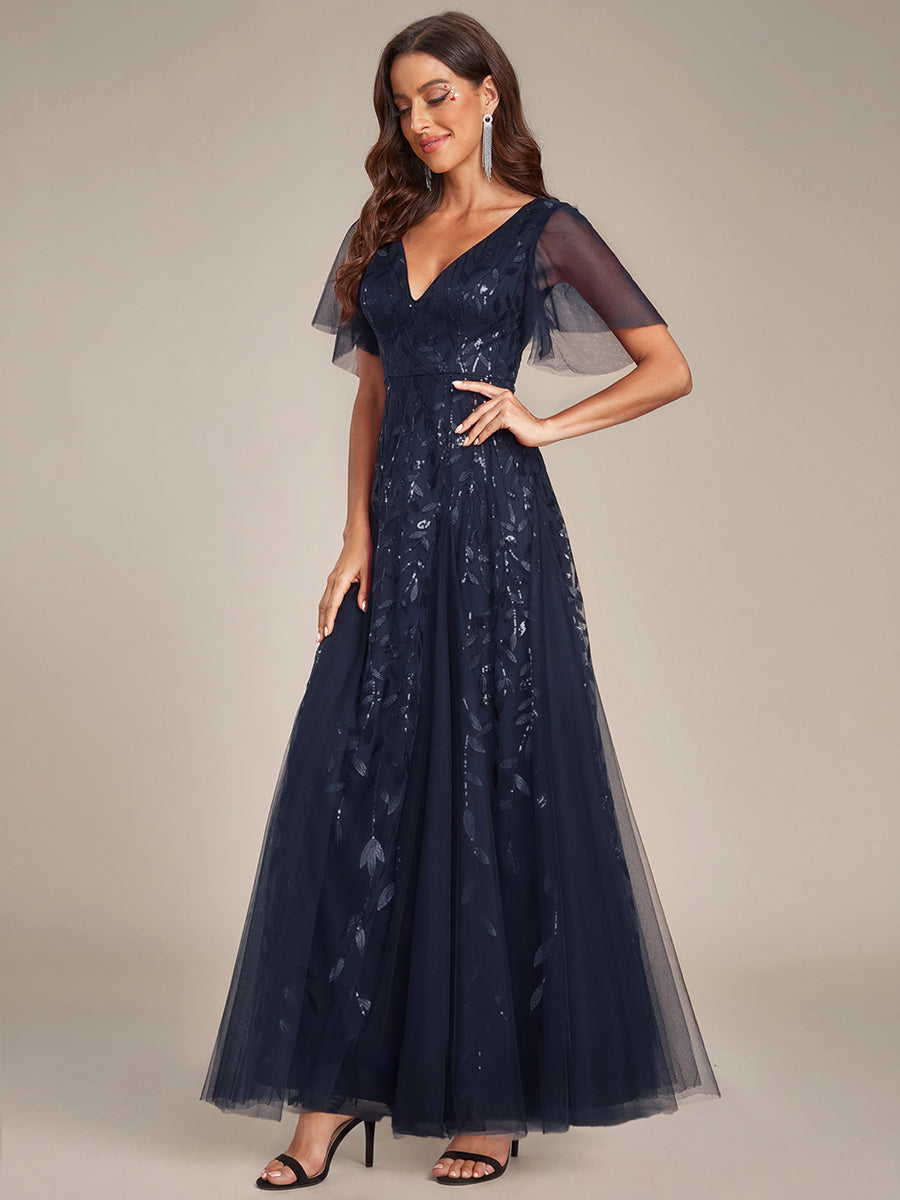 Elegant Ruffle Sleeves Maxi Sequin Mother of the Bride Dress #color_Navy Blue