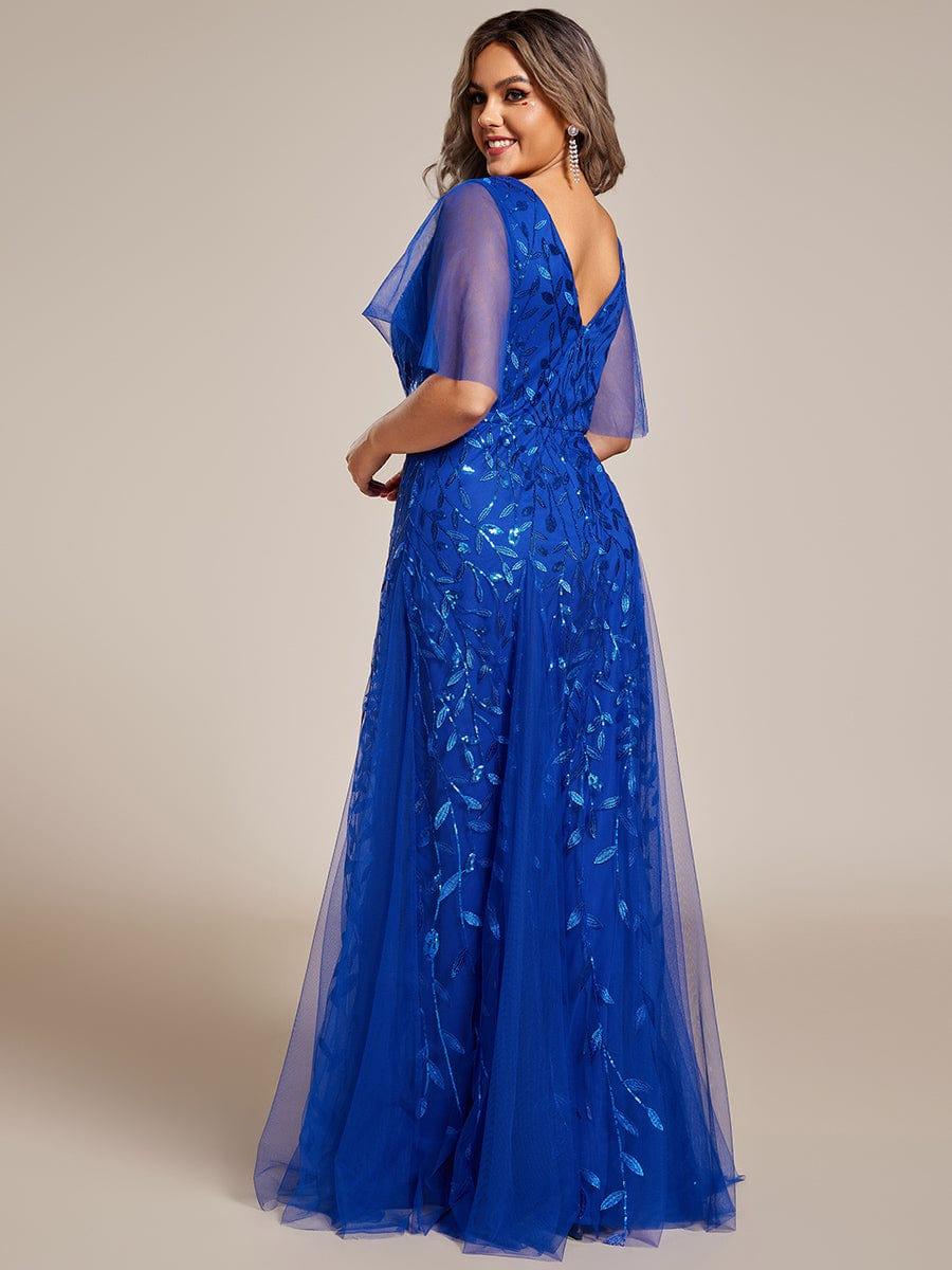 Elegant Ruffle Sleeves Maxi Sequin Mother of the Bride Dress #color_Sapphire Blue