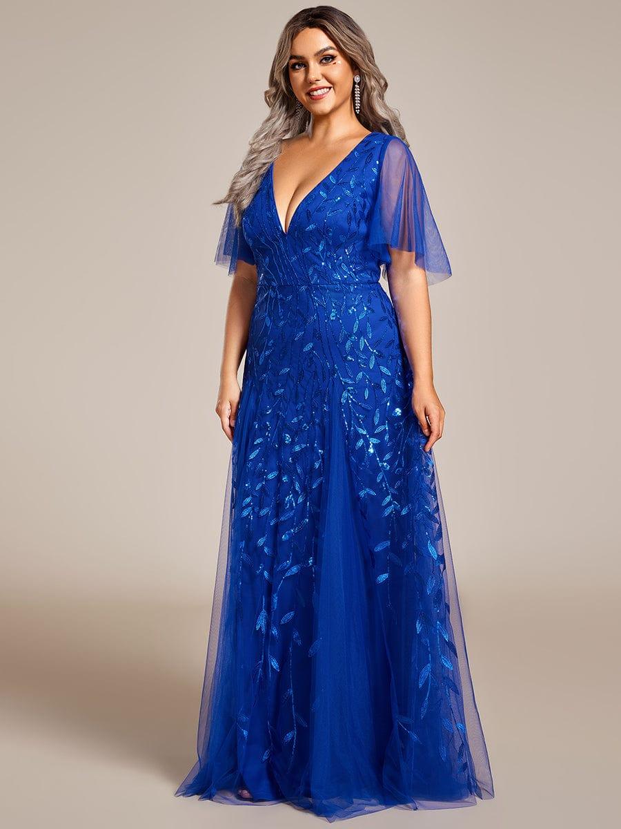 Elegant Ruffle Sleeves Maxi Sequin Mother of the Bride Dress #color_Sapphire Blue