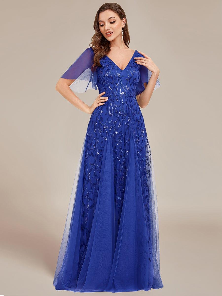 Elegant Ruffle Sleeves Maxi Sequin Mother of the Bride Dress #color_Sapphire Blue