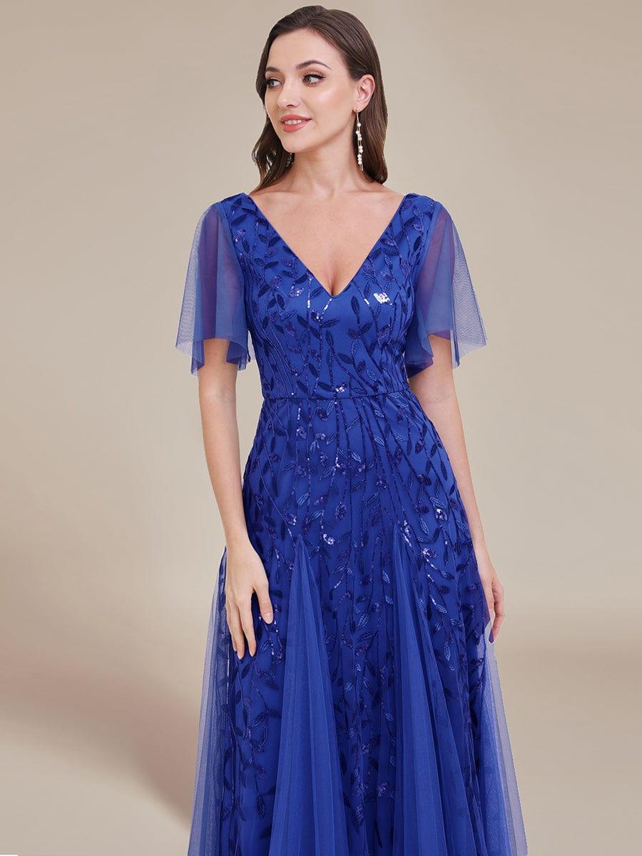 Elegant Ruffle Sleeves Maxi Sequin Mother of the Bride Dress #color_Sapphire Blue
