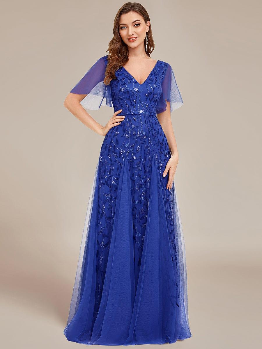 Elegant Ruffle Sleeves Maxi Sequin Mother of the Bride Dress #color_Sapphire Blue