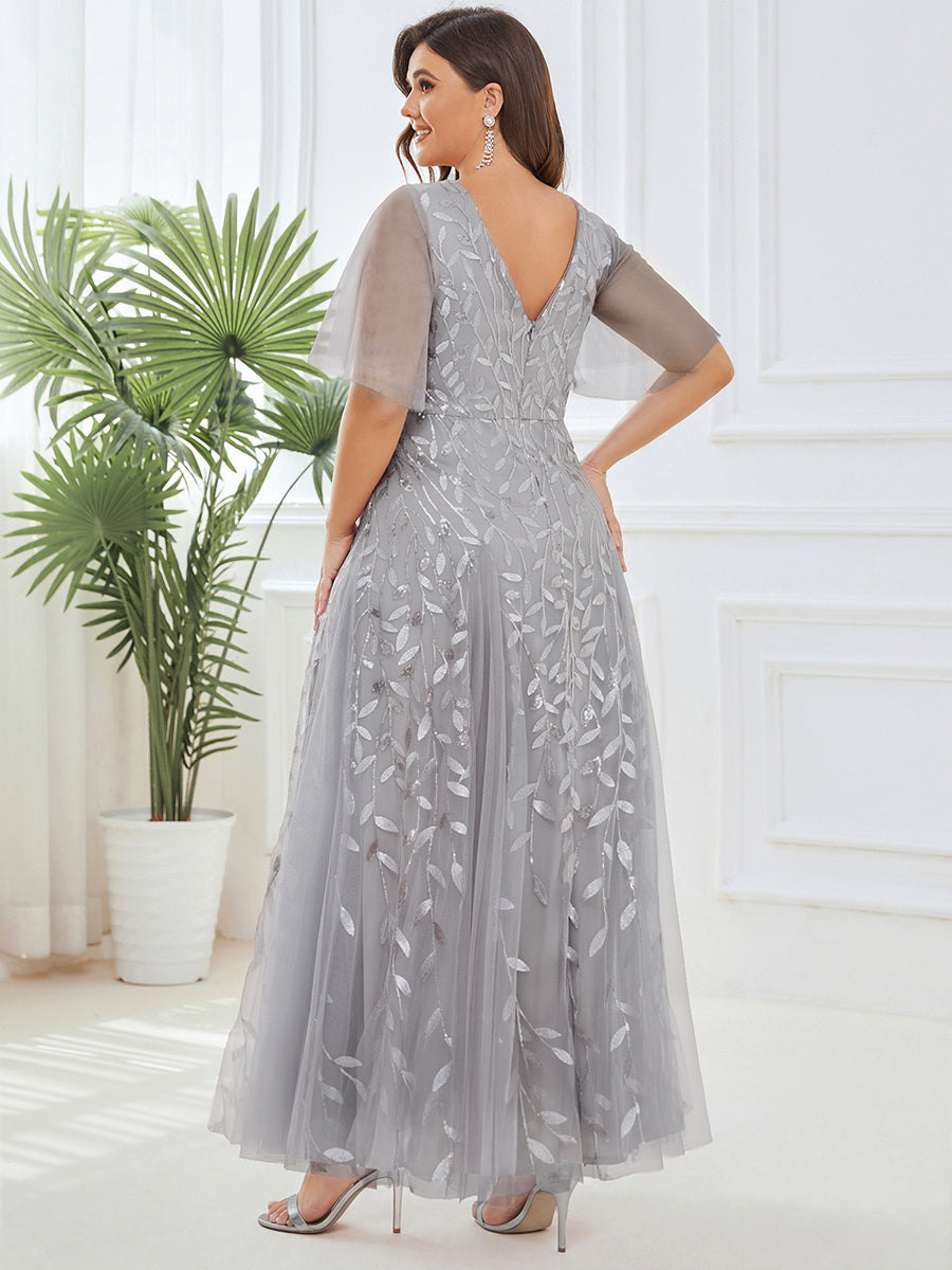Shimmery V Neck Ruffle Sleeves Sequin Maxi Long Evening Dress #color_Silver