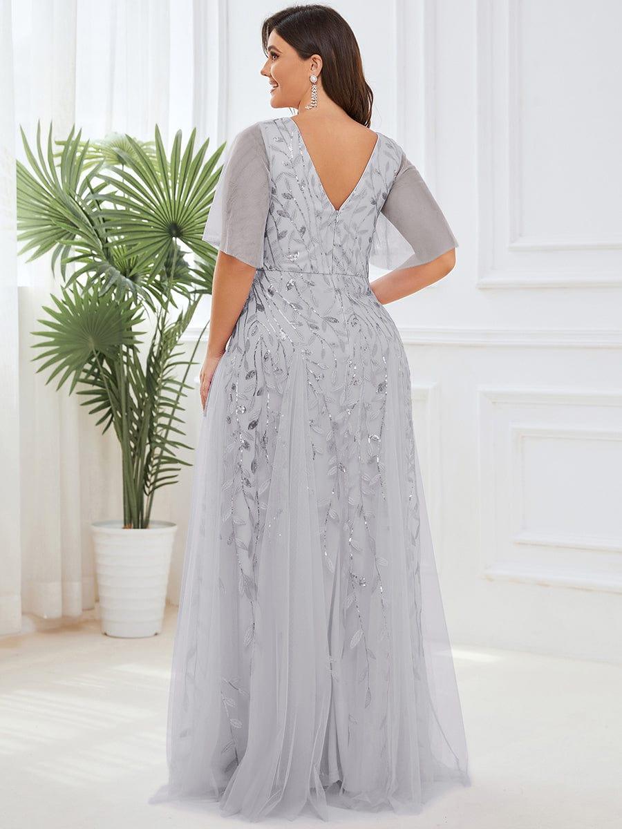 Elegant Ruffle Sleeves Maxi Sequin Mother of the Bride Dress #color_Silver