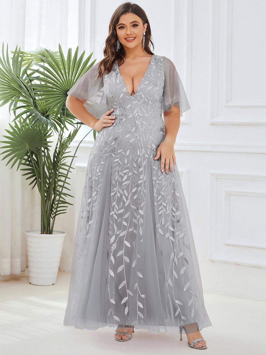 Shimmery V Neck Ruffle Sleeves Sequin Maxi Long Evening Dress #color_Silver
