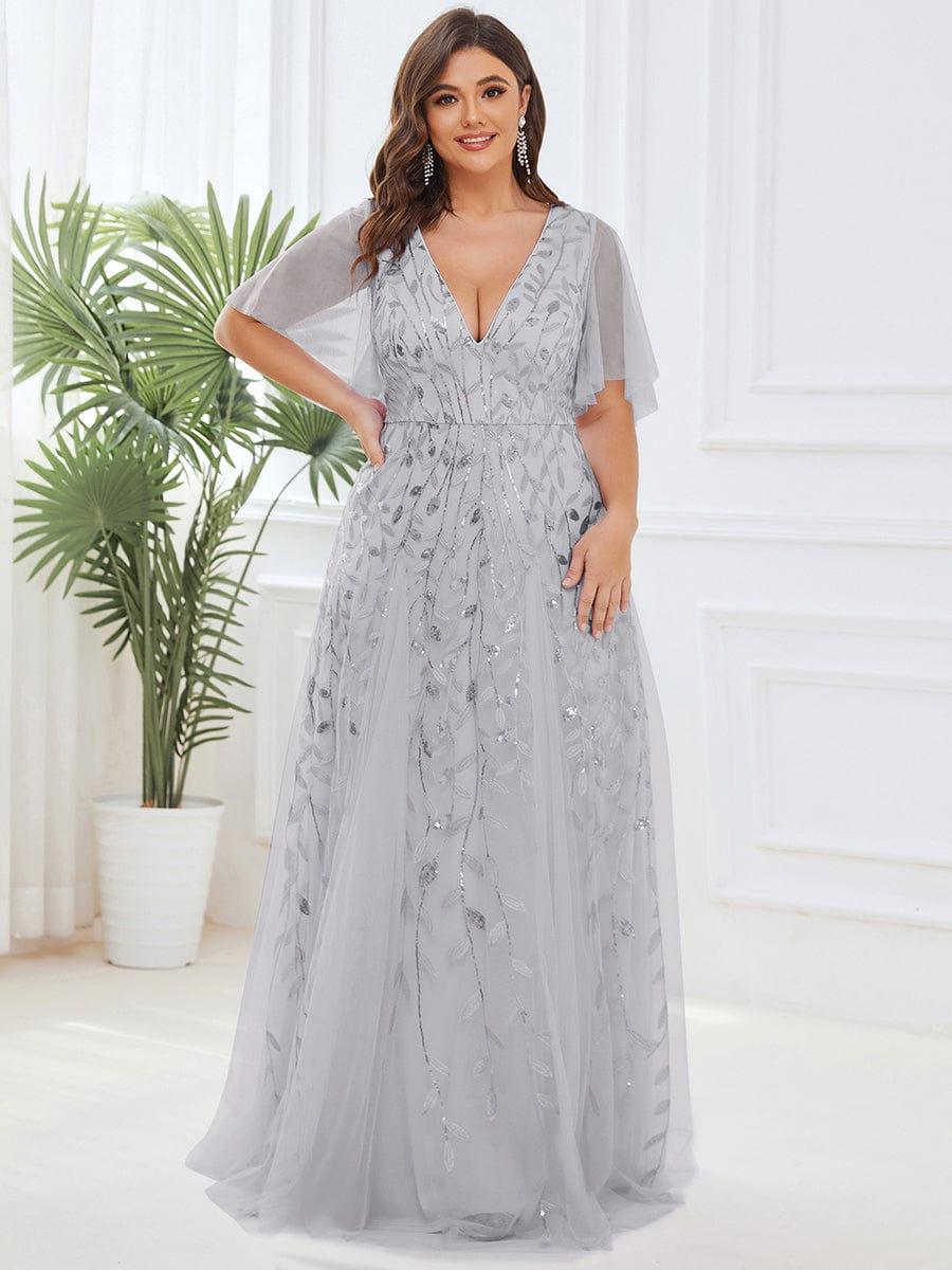 Elegant Ruffle Sleeves Maxi Sequin Mother of the Bride Dress #color_Silver