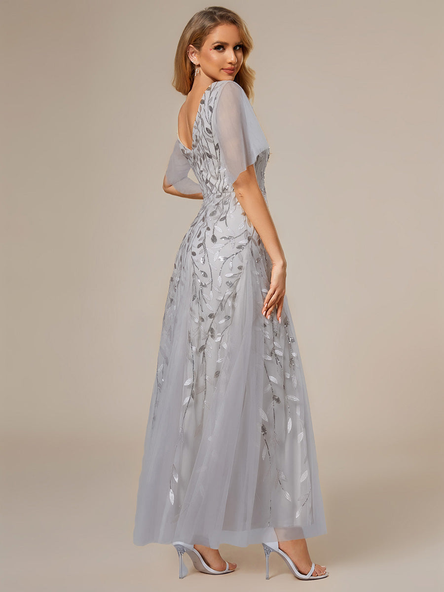 Shimmery V Neck Ruffle Sleeves Sequin Maxi Long Evening Dress #color_Silver