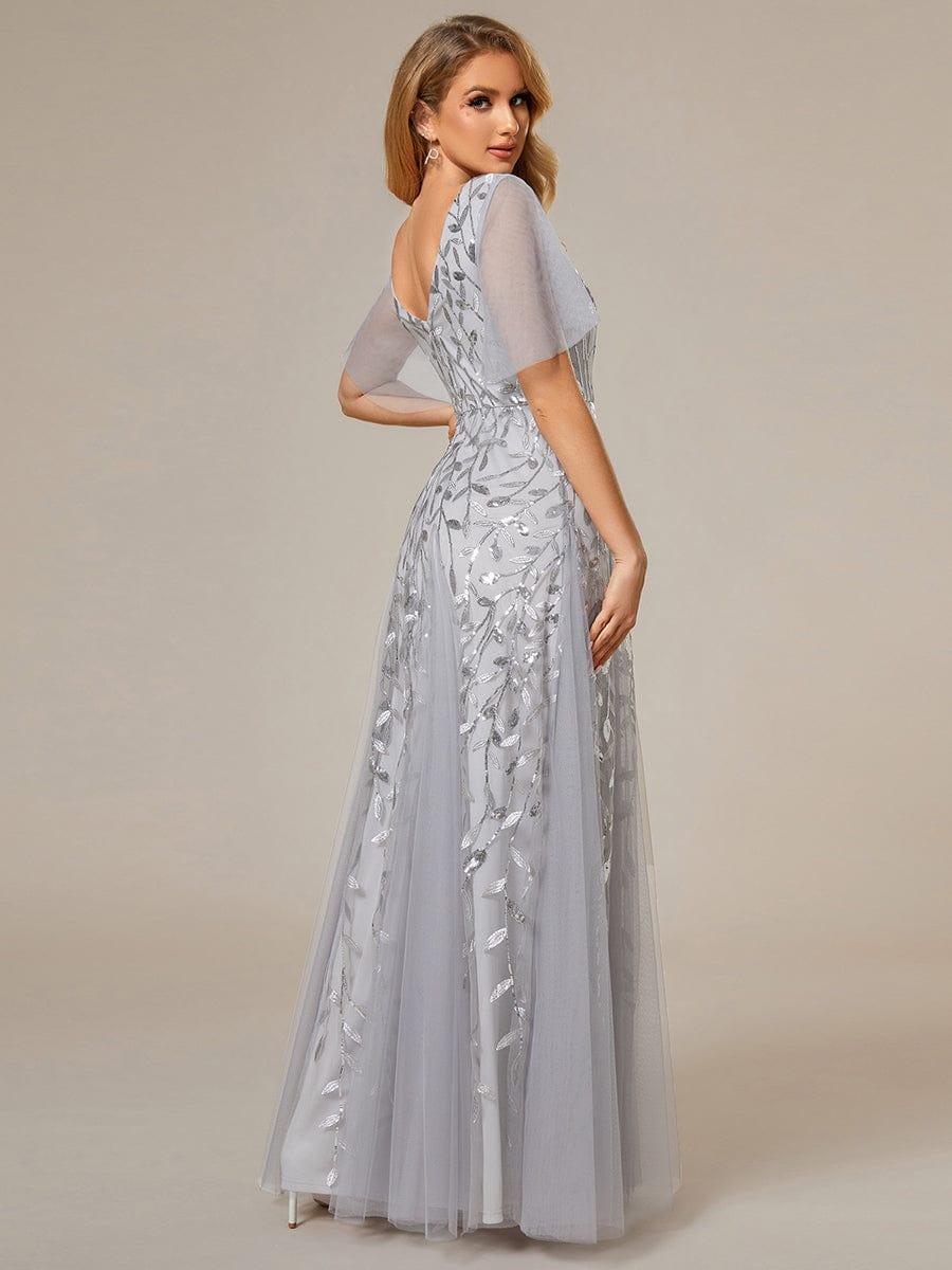 Elegant Ruffle Sleeves Maxi Sequin Mother of the Bride Dress #color_Silver