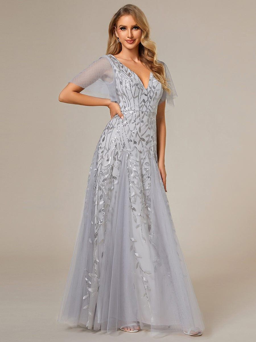 Elegant Ruffle Sleeves Maxi Sequin Mother of the Bride Dress #color_Silver