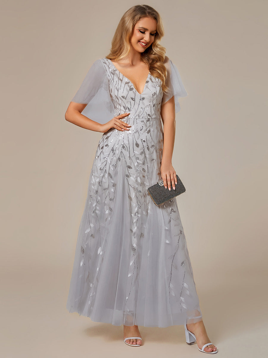Shimmery V Neck Ruffle Sleeves Sequin Maxi Long Evening Dress #color_Silver