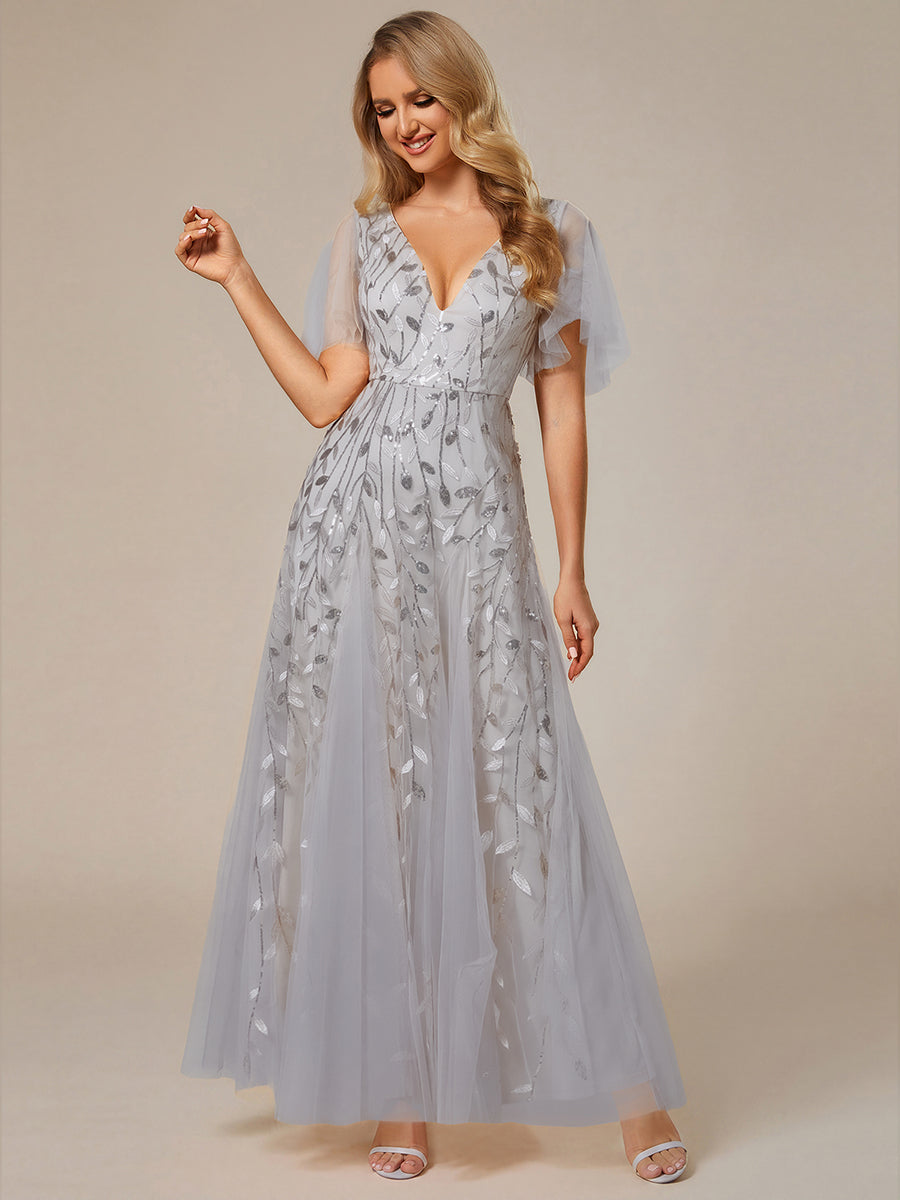 Shimmery V Neck Ruffle Sleeves Sequin Maxi Long Evening Dress #color_Silver