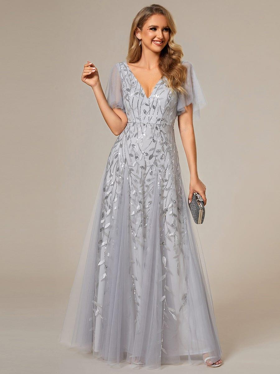 Elegant Ruffle Sleeves Maxi Sequin Mother of the Bride Dress #color_Silver