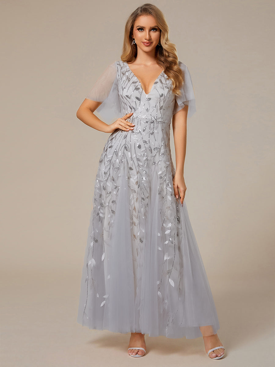Shimmery V Neck Ruffle Sleeves Sequin Maxi Long Evening Dress #color_Silver