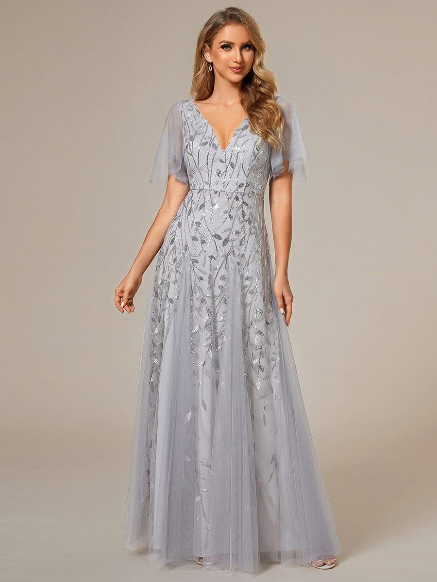 Elegant Ruffle Sleeves Maxi Sequin Mother of the Bride Dress #color_Silver