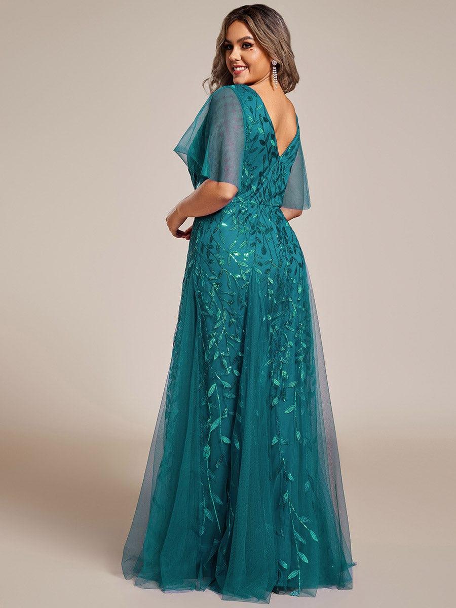 Elegant Ruffle Sleeves Maxi Sequin Mother of the Bride Dress #color_Teal