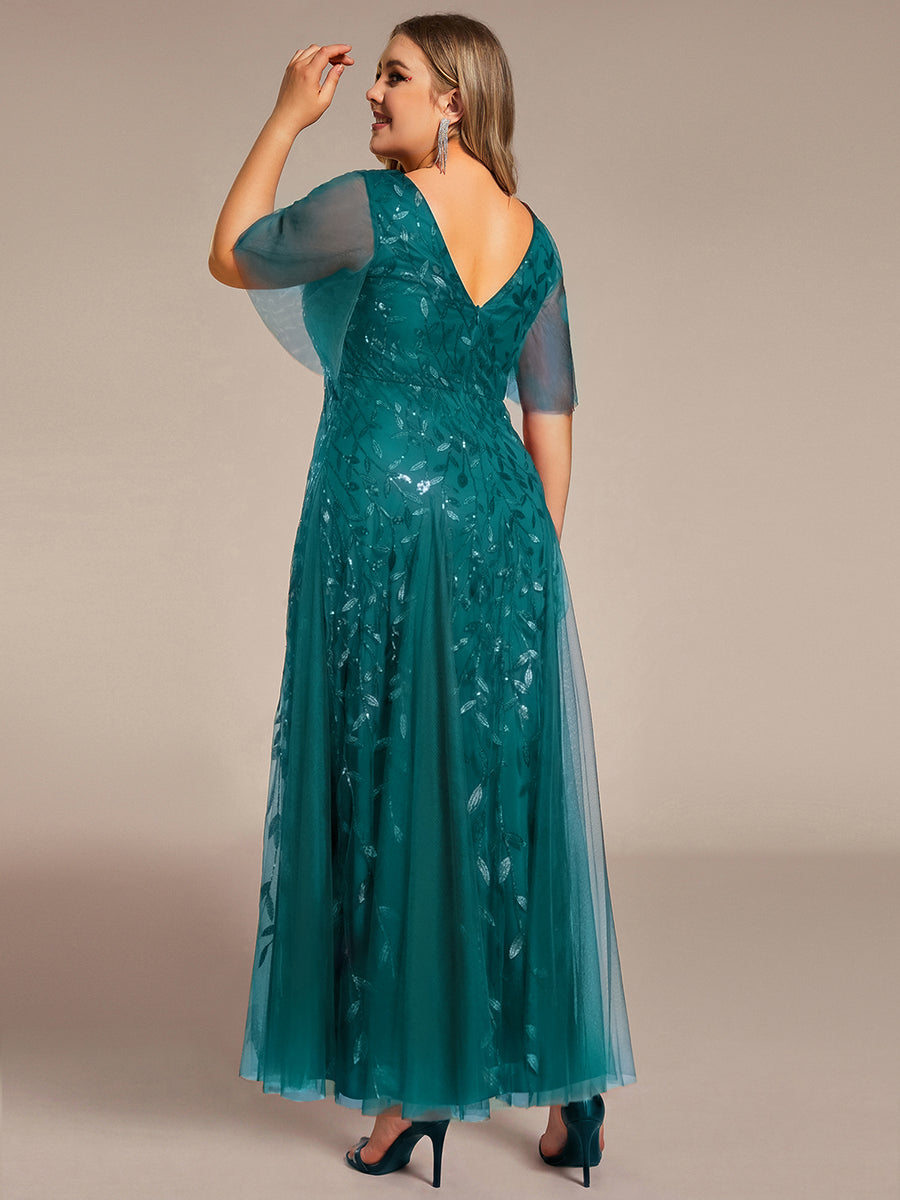 Shimmery V Neck Ruffle Sleeves Sequin Maxi Long Evening Dress #color_Teal