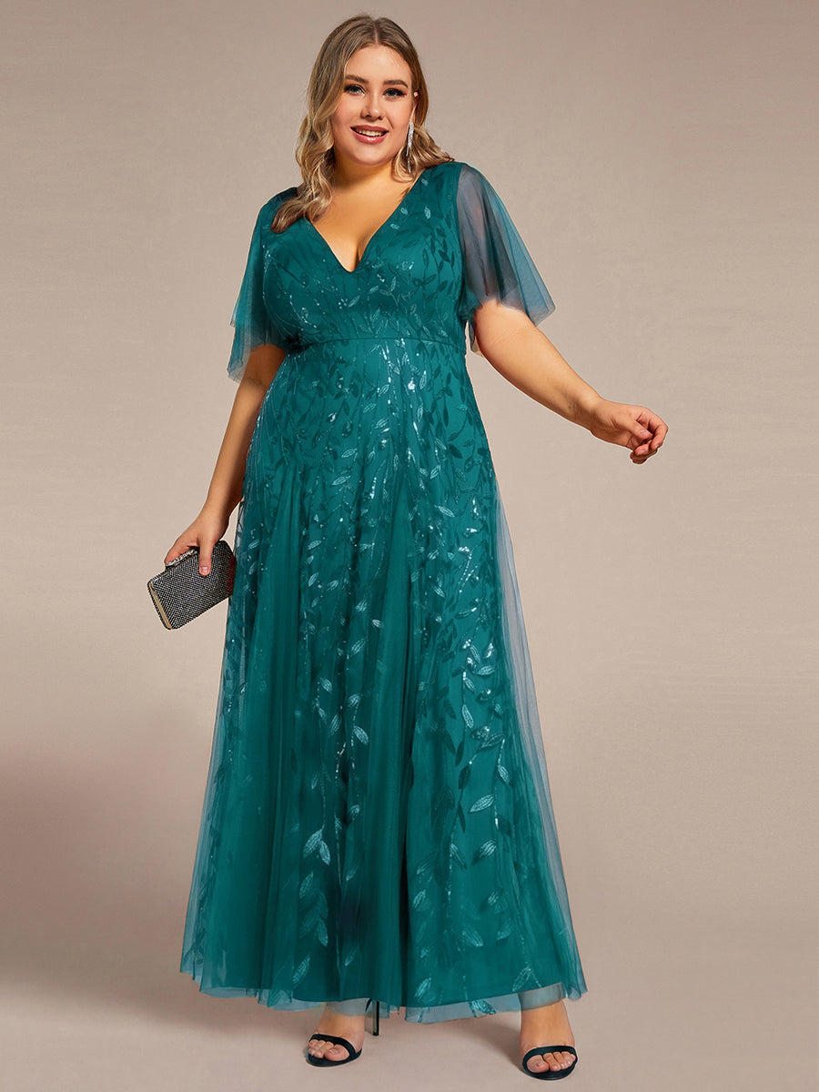 Elegant Ruffle Sleeves Maxi Sequin Mother of the Bride Dress #color_Teal
