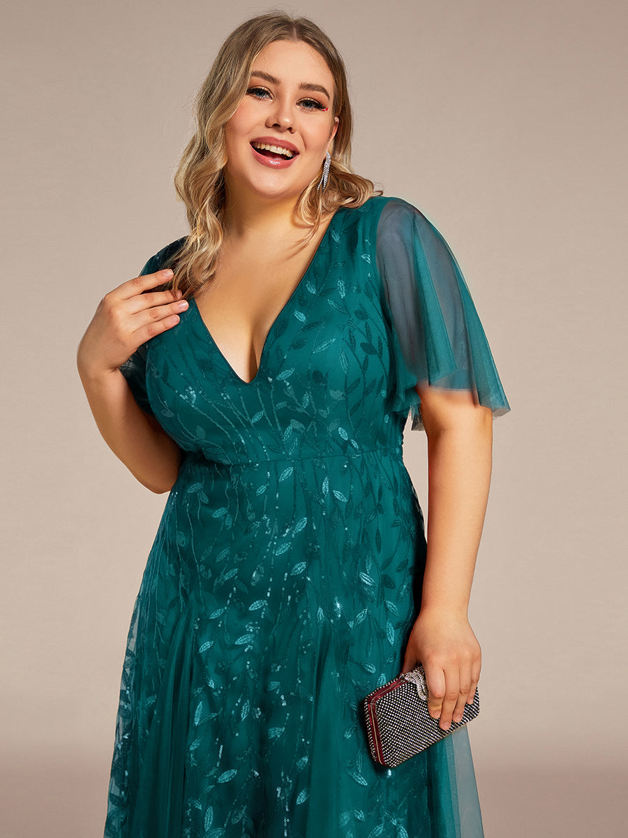 Shimmery V Neck Ruffle Sleeves Sequin Maxi Long Evening Dress #color_Teal