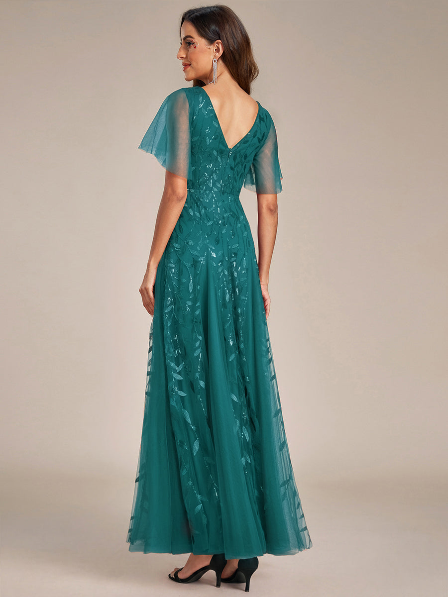 Shimmery V Neck Ruffle Sleeves Sequin Maxi Long Evening Dress #color_Teal
