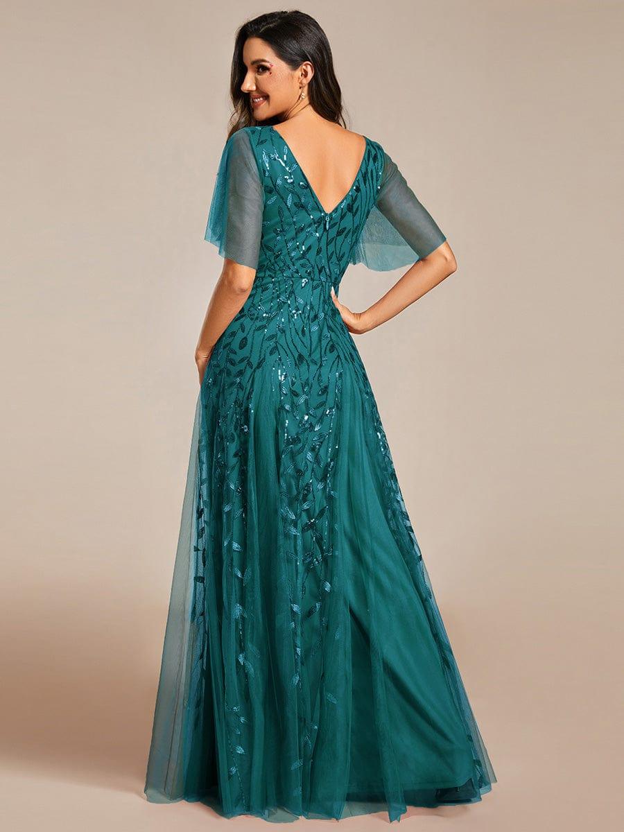 Elegant Ruffle Sleeves Maxi Sequin Mother of the Bride Dress #color_Teal