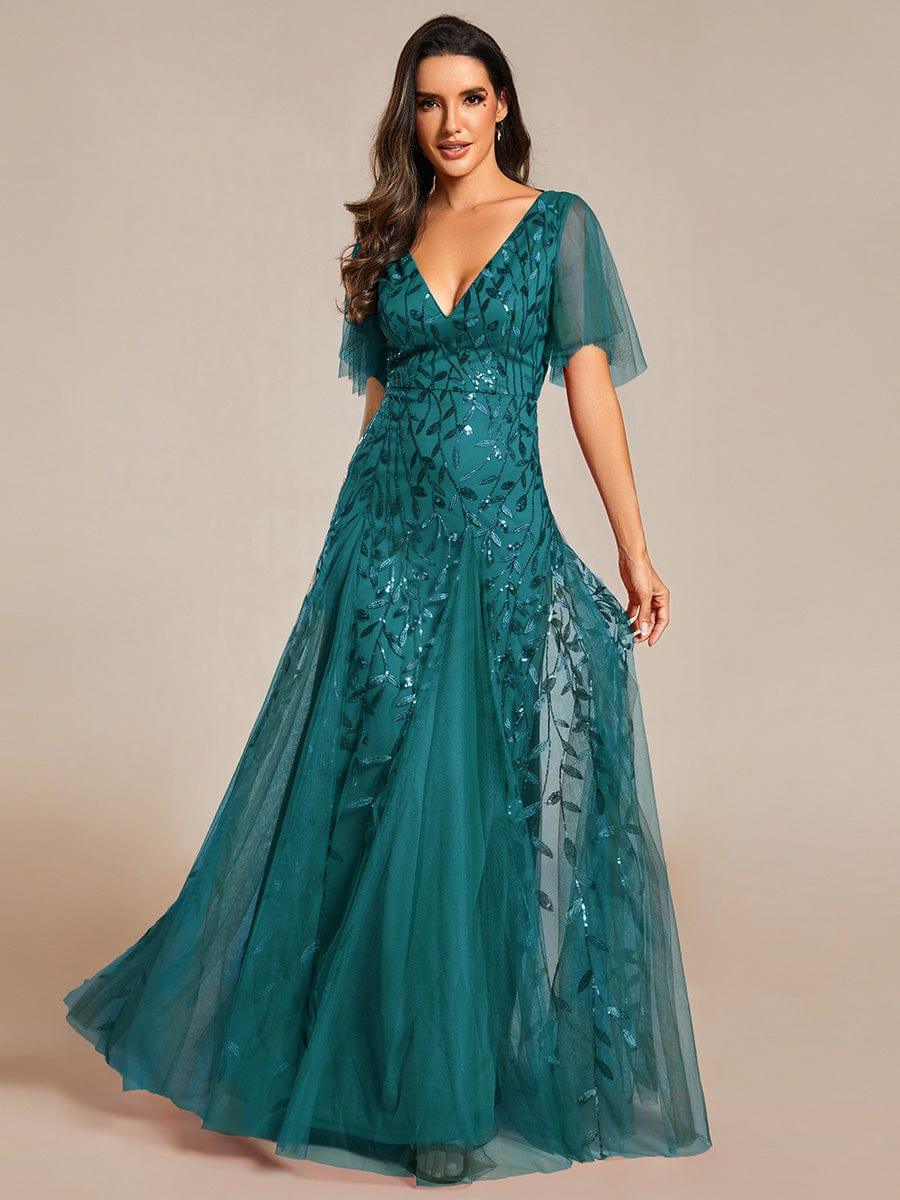 Elegant Ruffle Sleeves Maxi Sequin Mother of the Bride Dress #color_Teal