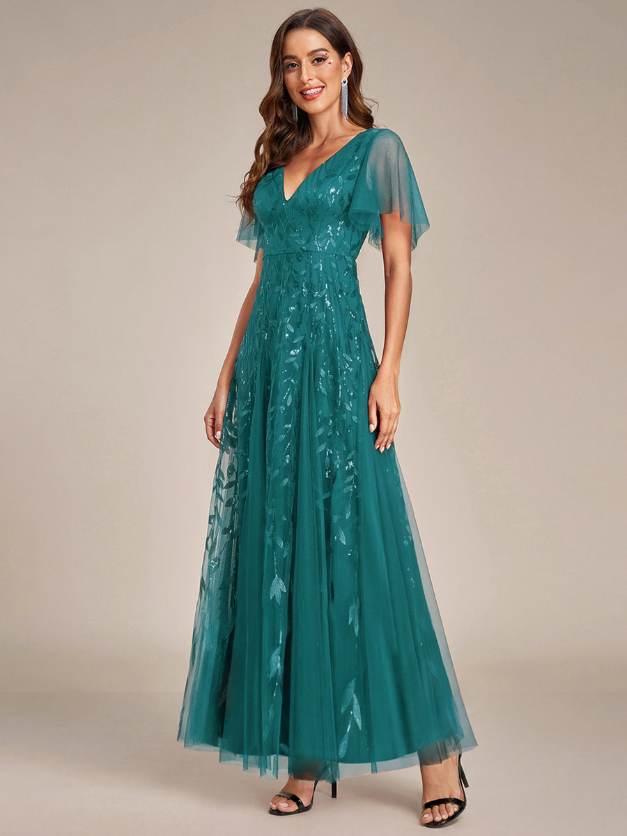 Shimmery V Neck Ruffle Sleeves Sequin Maxi Long Evening Dress #color_Teal