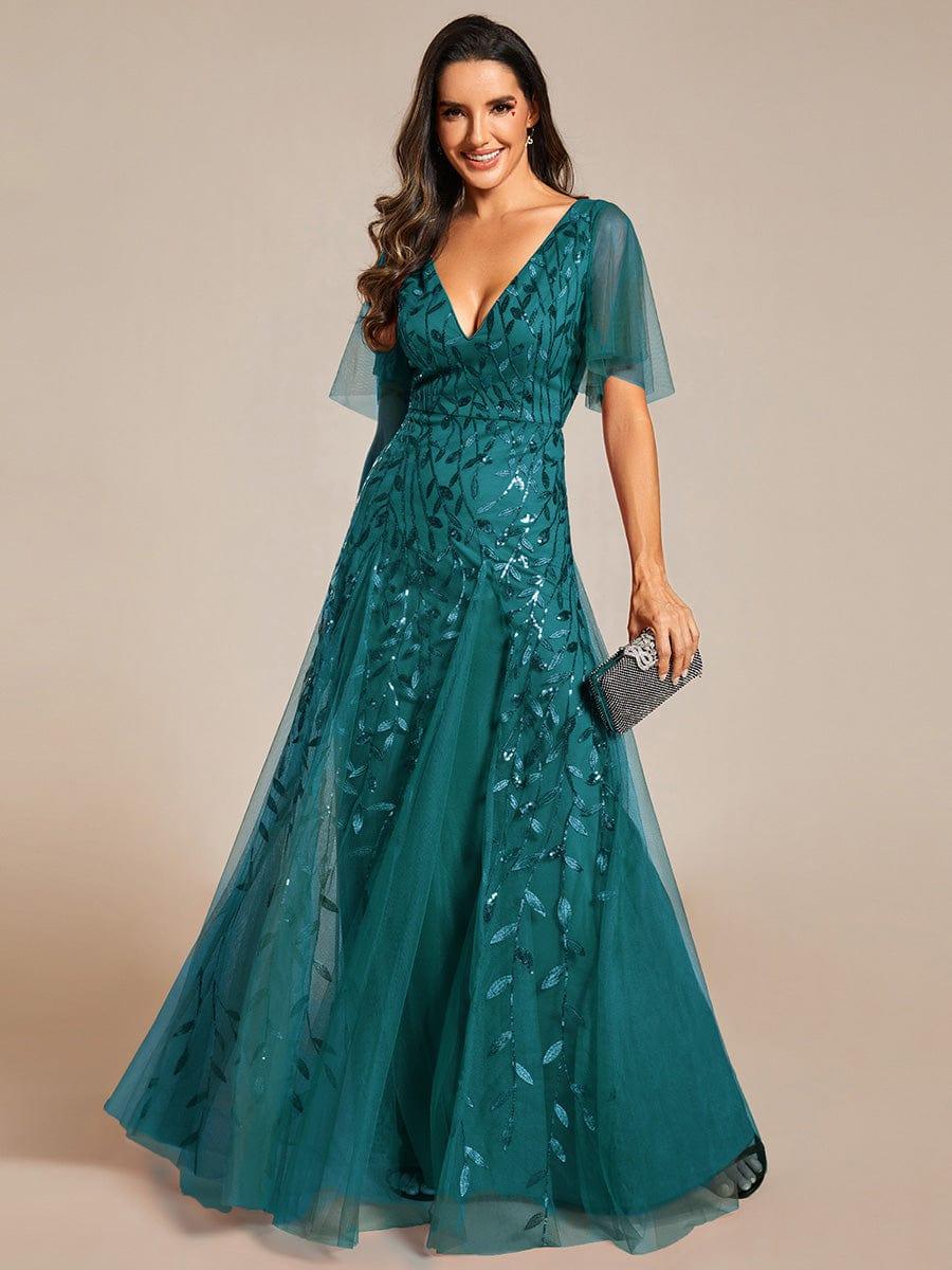Elegant Ruffle Sleeves Maxi Sequin Mother of the Bride Dress #color_Teal